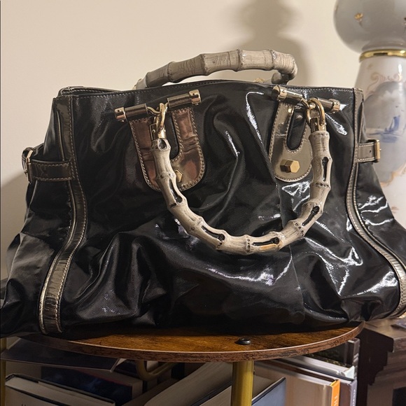 Gucci Black Coated Canvas and Leather Dialux Pop Bamboo Satchel - Picture 4 of 12